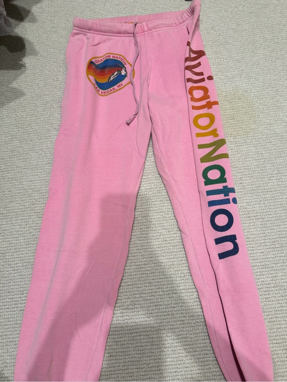 Aviator Nation Pink Sweatpants with Rainbow Script